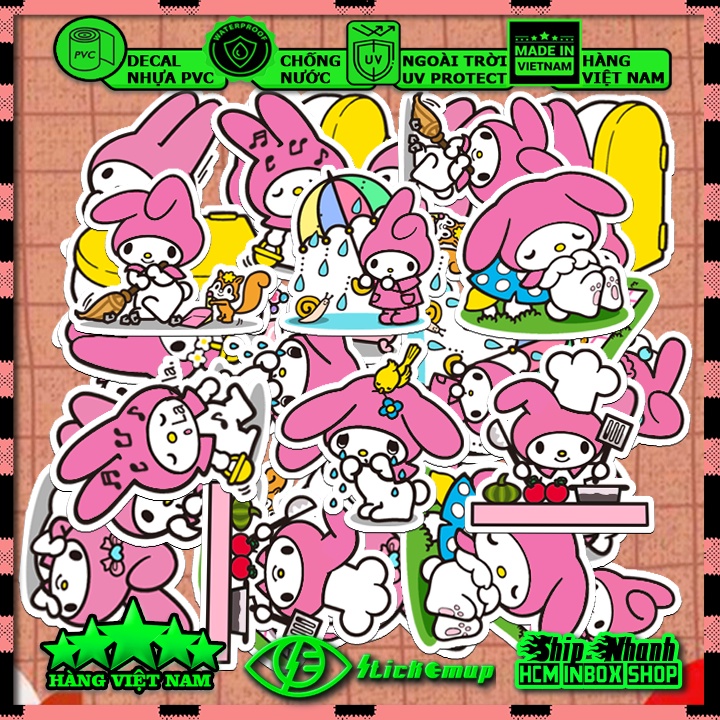 Hình dán sticker Thỏ Hồng Melody chống nước, dán mũ bảo hiểm, dán vali, dán laptop, dán xe, Hàng Việt Nam chất lượng cao