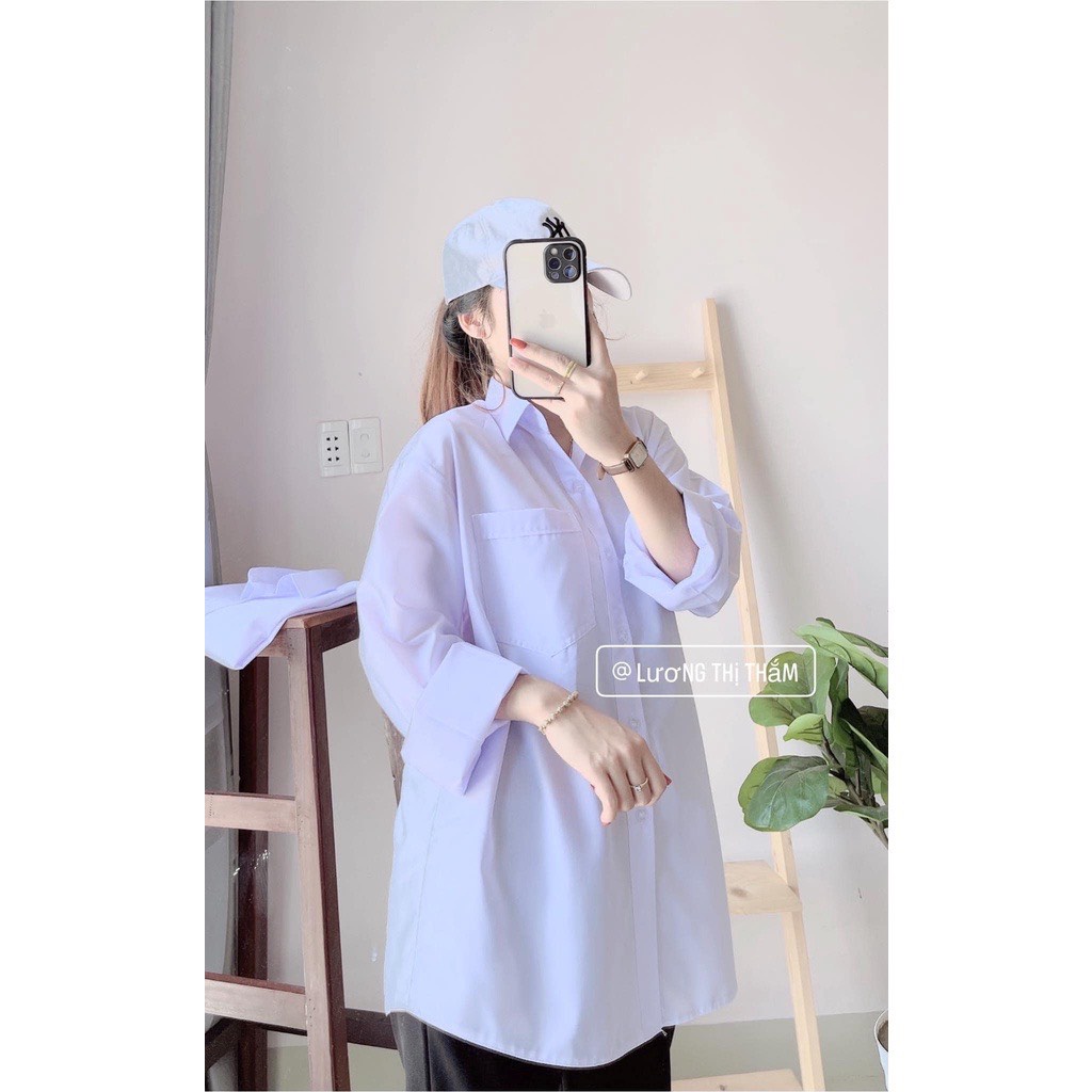 Áo sơ mi trắng nữ tay dài form rộng vừa cổ trụ bẻ có túi không túi mặc đi học làm - Áo sơ mi nữ kiểu basic tay ngắn lỡ