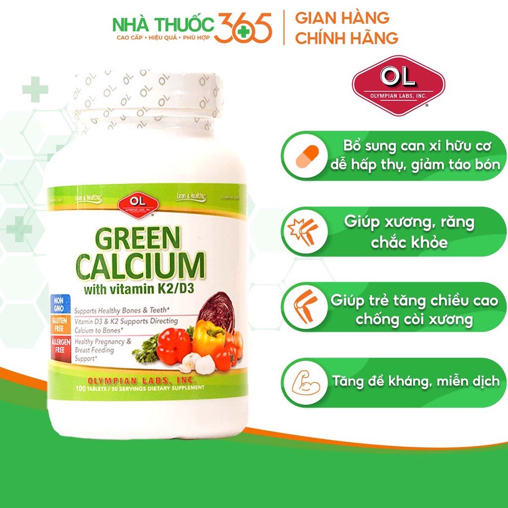 Viên Uống Olympian Labs Green Calcium Bổ Sung Canxi Hữu Cơ Cho Bà Bầu, Trẻ Em Và Người Lớn - Hộp 100 viên