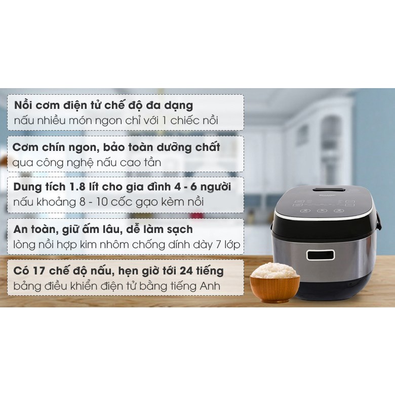 Nồi cơm cao tần Sharp 1.8 lít KS-IH191V-BK Mới 100% -Công suất 1300 W Lòng nồi dày 3.127 mm phủ chống dính