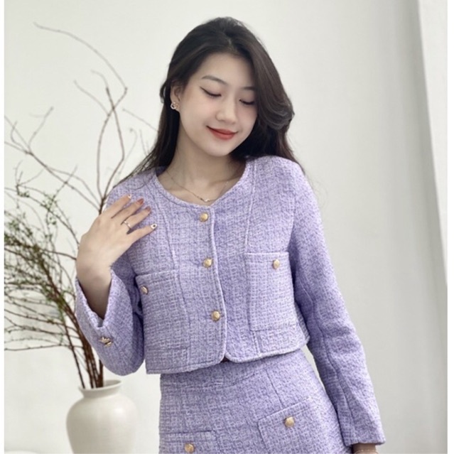 Set áo và chân váy dạ tweed chất đẹp màu tím khoai môn