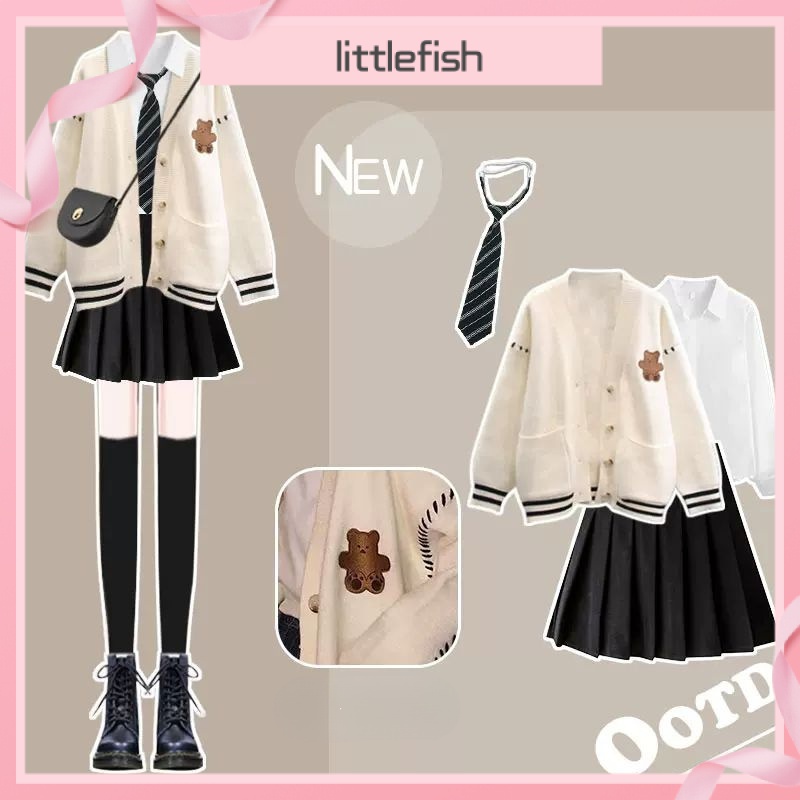 Set Áo Khoác Cardigan Phong Cách Hàn Quốc + Áo Sơ Mi + Chân Váy Xếp Ly Ba Món Cỡ Lớn Phong Cách Preppy Cho Nữ Sinh