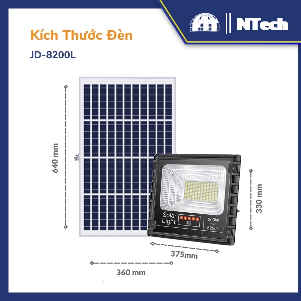 Đèn Năng Lượng Mặt Trời JD-8200L Công Suất 200W - Mẫu Mới 2020, Khung Nhôm, Chip Led "SMD" - BH 02 Năm