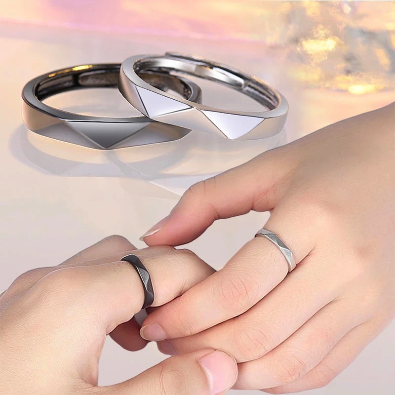Nhẫn Hở Màu Đen / Bạc Họa Tiết Hình Học Đơn Giản Có Thể Điều Chỉnh Phong Cách Hàn Quốc Cho Cặp Đôi