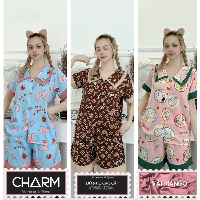 Bộ Pijama Ngủ Lụa Cao Cấp Áo Cộc Quần Đùi Cao Cấp