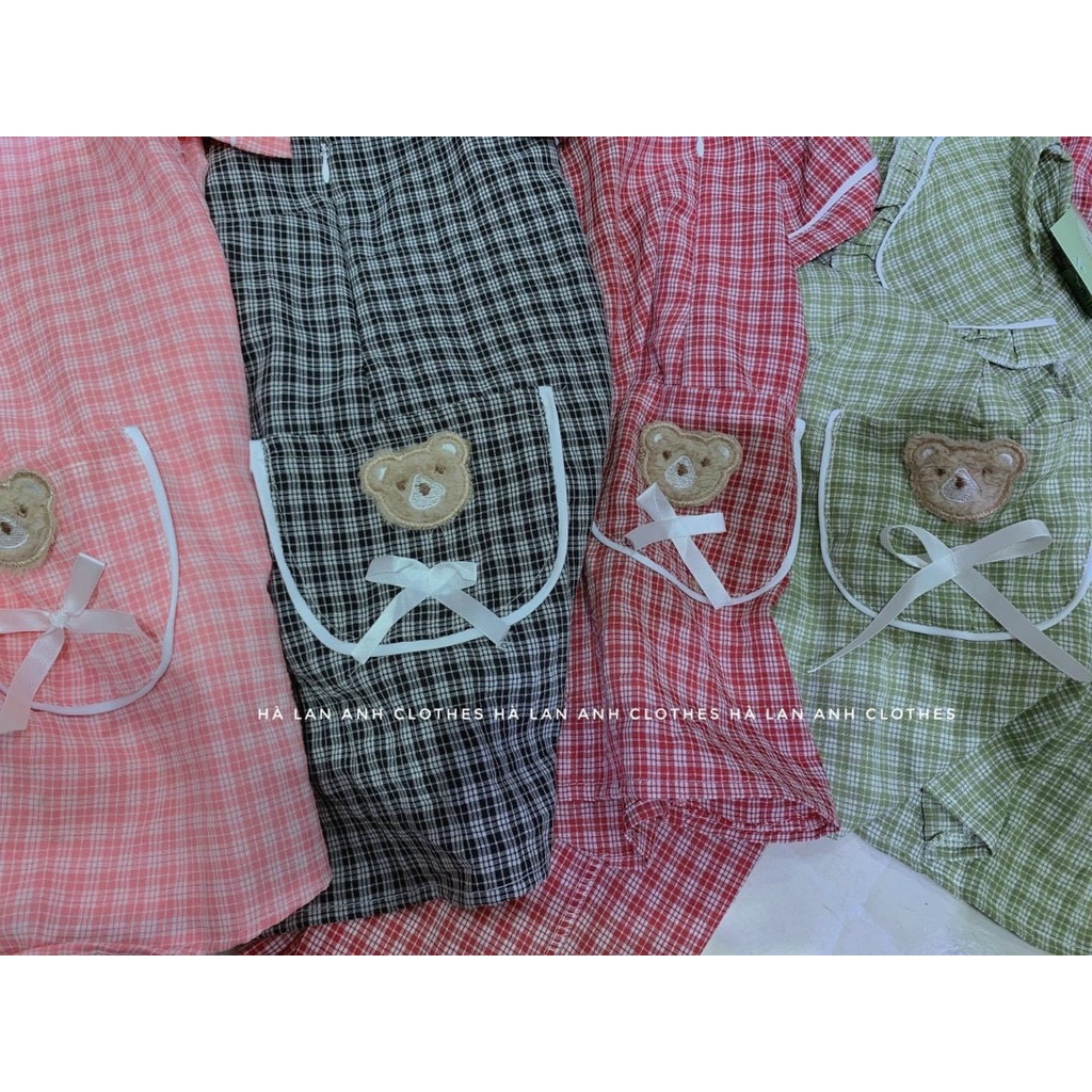 Bộ bầu vag sau sinh kẻ túi gấu áo cộc quần dài