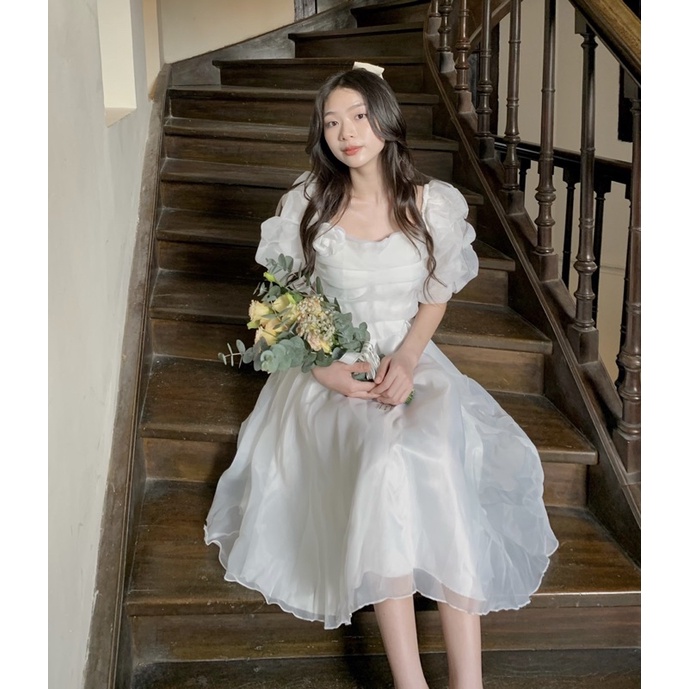 Đầm trắng dáng bồng *Sam Dress* tag hoa mặc kỷ yếu, đám cưới, Tết