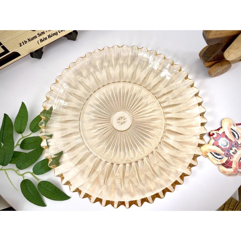 Khay Thuỷ Tinh, Dĩa Thuỷ Tinh Pha Lê Tròn 30cm - Vân Nổi Hoạ Tiết Mặt Trời, Đựng Trái Cây, Bánh Kẹo, Khay Ly...