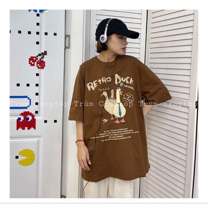 Áo thun tay lỡ in hình vịt Retro Duck màu nâu , Áo phông rộng form unisex dáng basic nam nữ