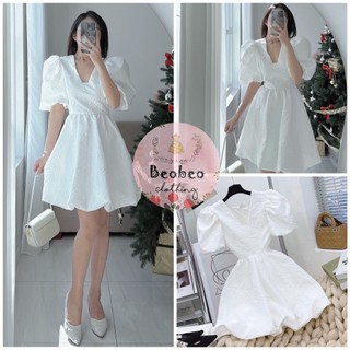 [Ảnh thật] Đầm trắng xoè bồng gấm cổ v tay phồng vintage