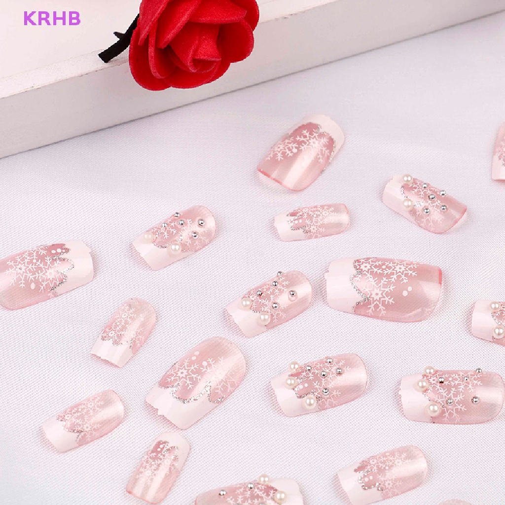 Bộ 24 Móng Tay Giả Hình Bông Tuyết Bằng Nhựa acrylic Trang Trí Nghệ Thuật Có Thể Tháo Rời Mới