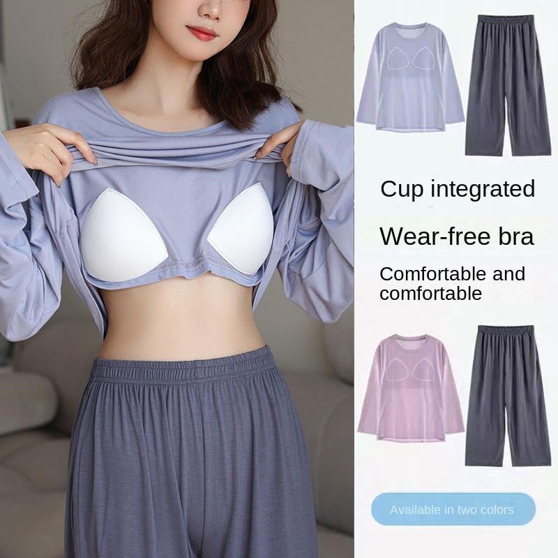 Bộ Đồ Ngủ Tay Dài Có Đệm Ngực Thiết Kế Đơn Giản Thời Trang Xuân Thu Cho Nữ