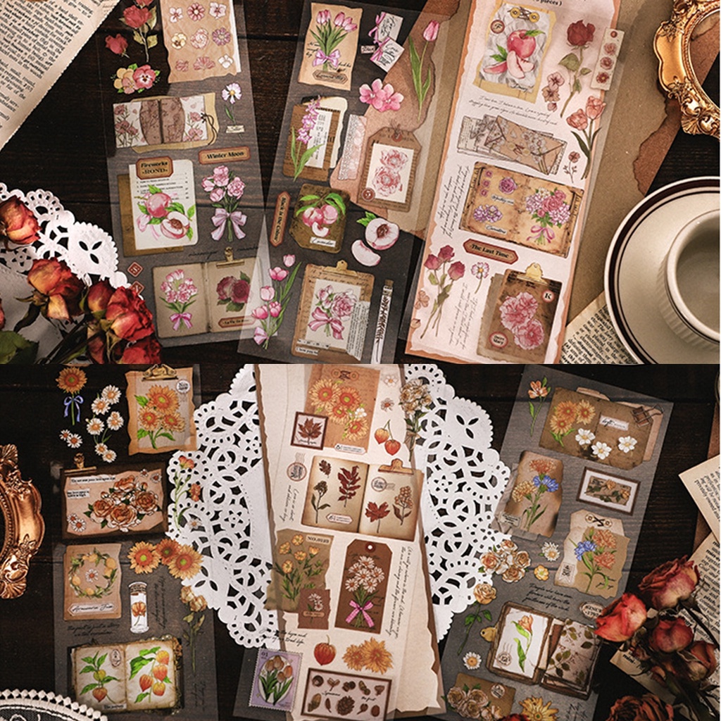 Set 3 tấm sticker PET các mẫu hoa nhiều màu sắc và giấy note trang trí journal