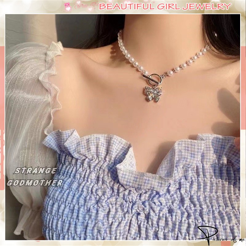 Vòng cổ Mặt Hình Bướm Đính Ngọc Trai Phong Cách Cổ Điển