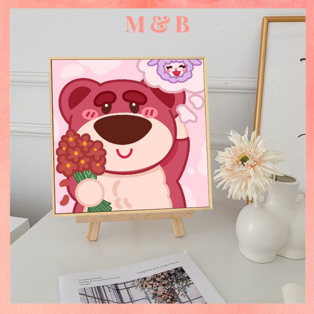 Tranh số hóa 20x20, Tranh Tô Màu gấu Lotso Strawberry bear gấu dâu hồng tặng kèm bộ màu và bút vẽ