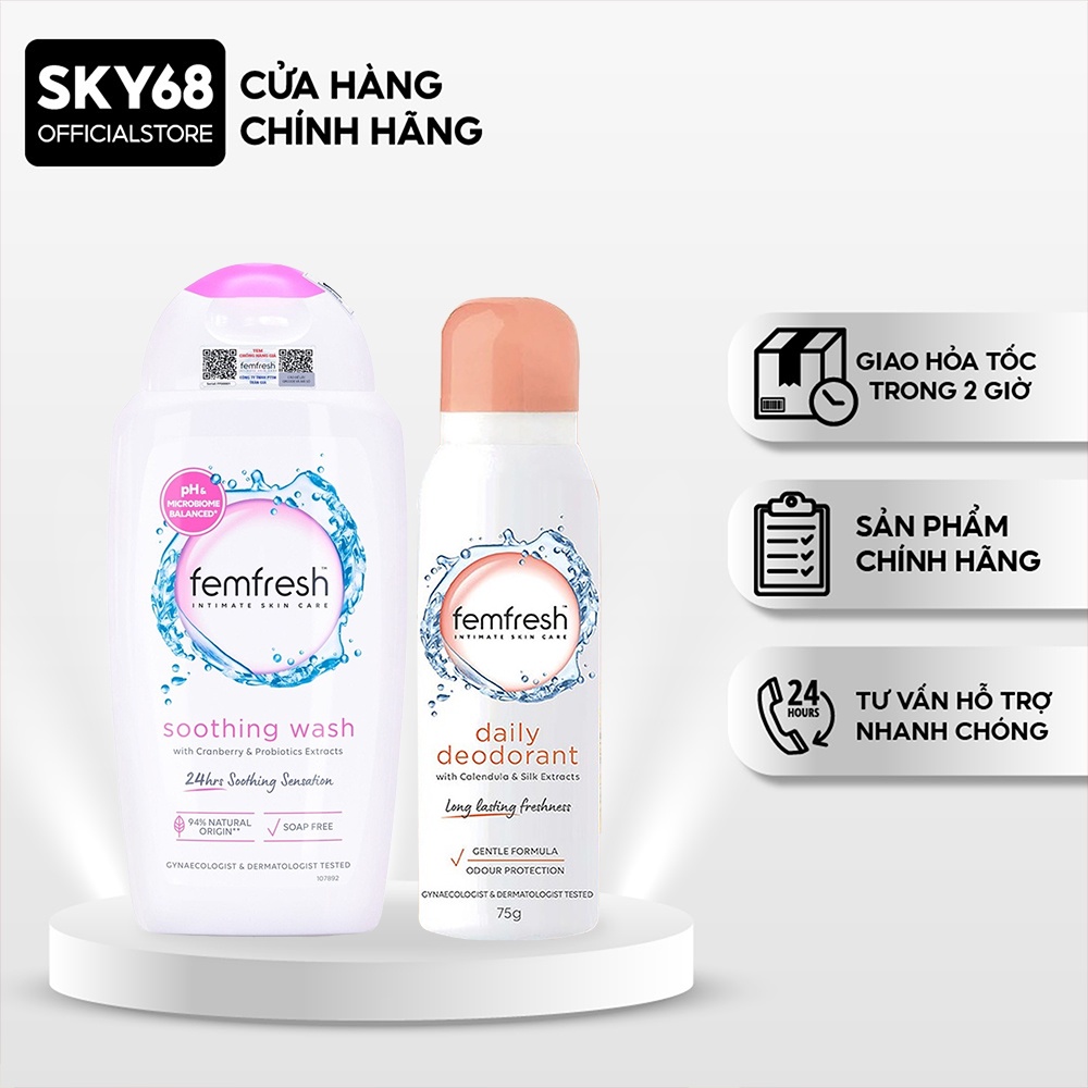 Combo Chăm Sóc Vùng Kín Sạch Sẽ, Thơm Mát Femfresh ( DD Soothing Wash - Hồng 250ml + Xịt Deodorant Spay - Cam 125ml )
