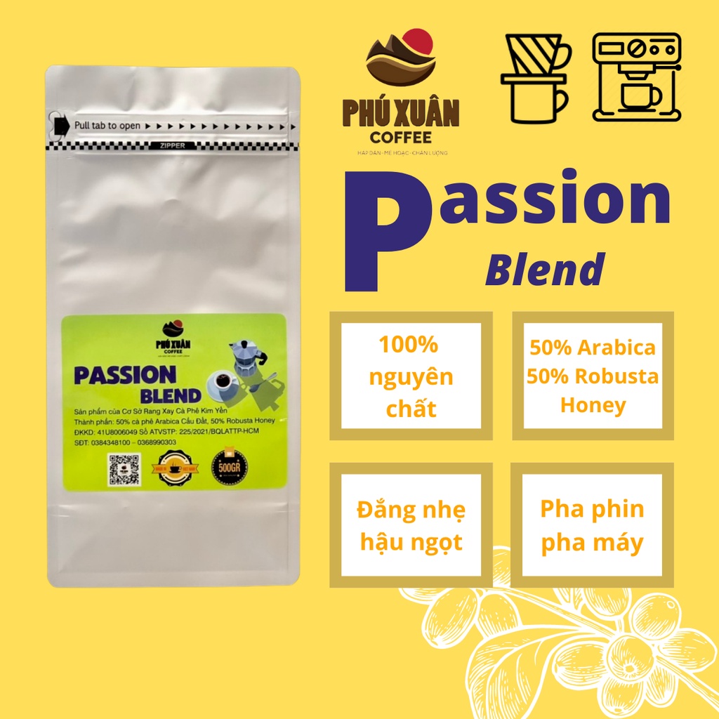 Cà phê rang xay nguyên chất Passion Blend Phú Xuân Coffee cafe bột / hạt robusta honey arabica dùng pha phin pha máy