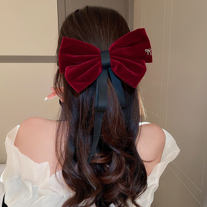 Kẹp Tóc Nơ Vải Nhung Màu Trơn Phong Cách Vintage Hàn Quốc