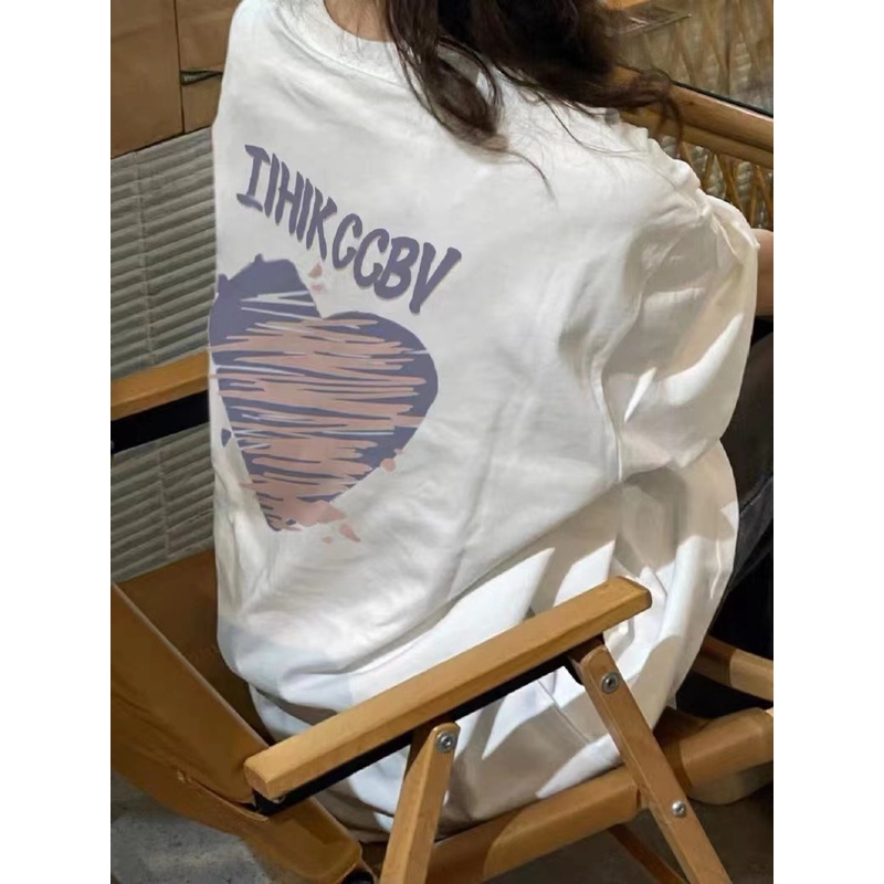 QKOOLE Áo thun  tay ngắn dáng rộng in họa tiết trái tim phong cách Hàn Quốc trẻ trung thời trang dành cho nữ