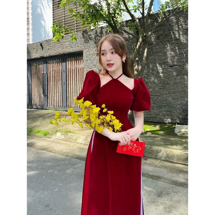 Áo Dài Cách Tân Nữ Nhung Hàn Cổ Yến Tay Phồng Siêu Trắng Da