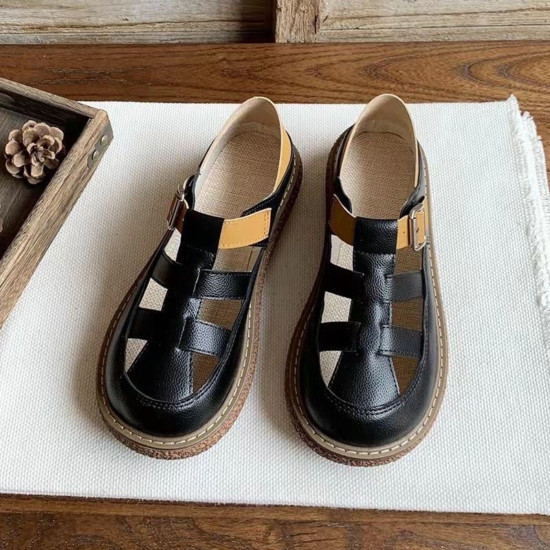 Giày Sandal Kín Mũi Mix Quai Nâu Cài Dễ Thương Kiểu Nhật