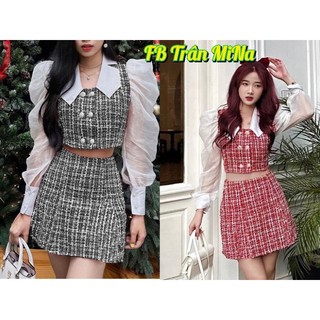 Set croptop dạ xám phối tay voan + chân váy