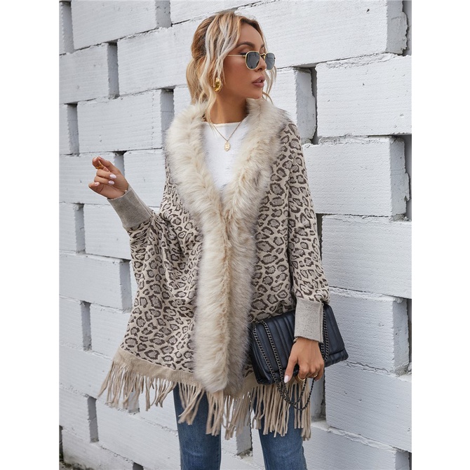 Áo Khoác Cardigan Dệt Kim Cổ Phối Lông Họa Tiết Da Báo Thời Trang Thu Đông Mới