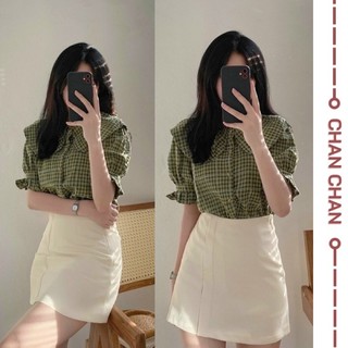 Áo sơ mi nữ caro cổ nhún xinh xắn nhiều màu