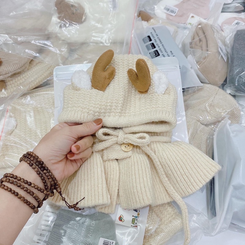 Mũ nón len kèm khăn quàng cổ mùa đông gắn sừng hươu dễ thương cho bé Nana's Kid