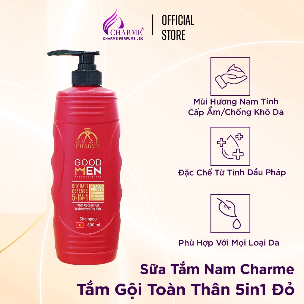 Sữa tắm gội nam, Charme Goodmen, chiết xuất từ thiên nhiên, nuôi dưỡng tóc mềm mại, 5 trong 1, 600ml