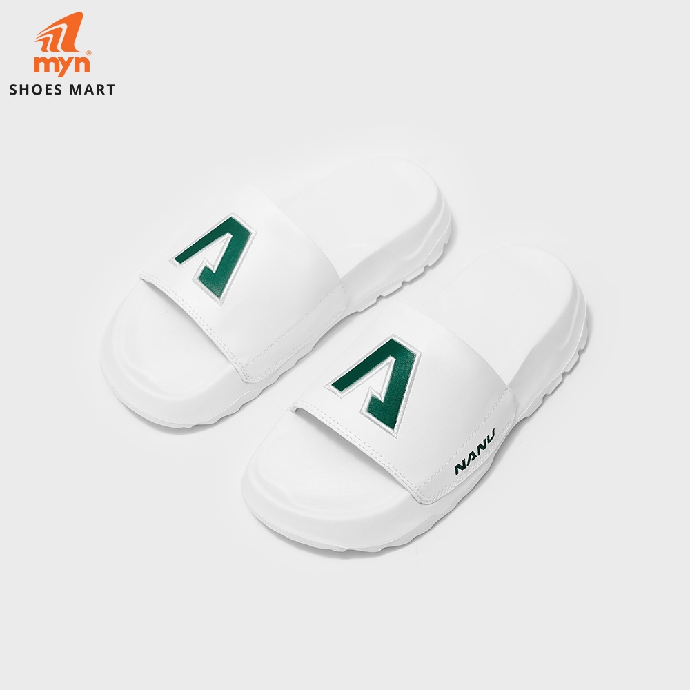 Dép Nanu N03 White Green logo chữ A thêu viền, quai da lộn 2 lớp, đế chunky 4cm