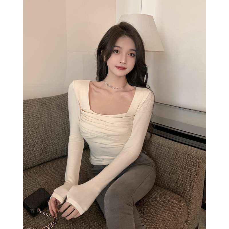 ZHELIHANGFEI Áo Thun Tay Dài Cổ Vuông Lưng Cao Dáng Ôm Kiểu Dáng Ngọt Ngào Quyến Rũ