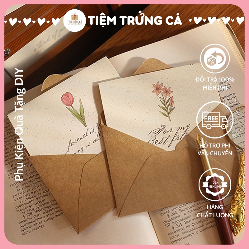 Combo Thiệp KRAFT + Phong bì + Tag dán NGÔN NGỮ CỦA HOA Tiệm Trứng Cá Thiệp Vintage Sang Trọng, Trang Trí Quà