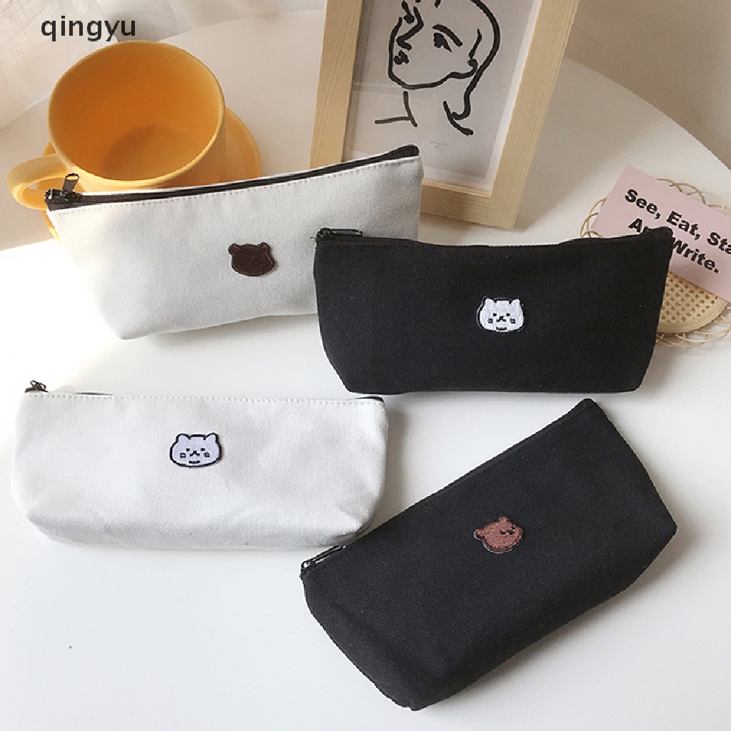 Túi Đựng Bút Vải Canvas Thêu Họa Tiết Dễ Thương Phong Cách Hàn Quốc