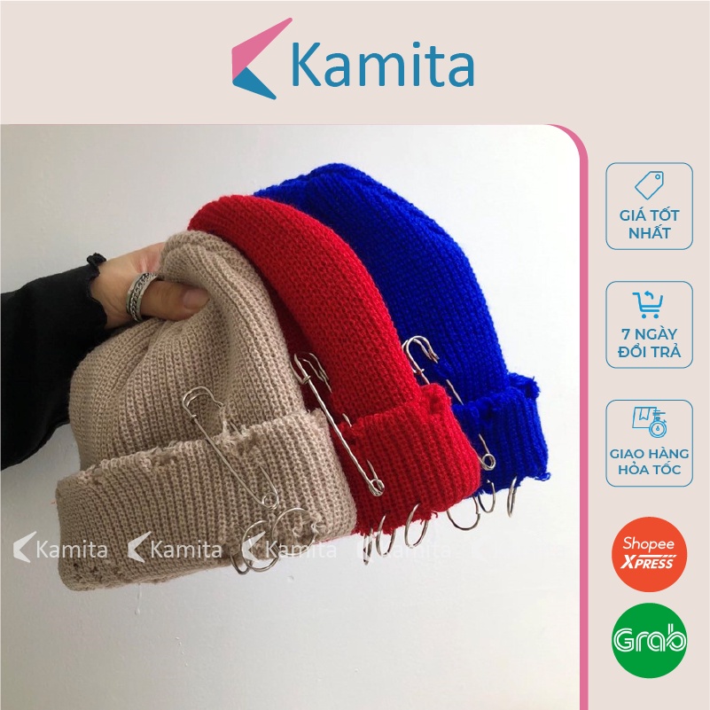 Mũ Len Beanie Rách Đính Khuyên KAMITA Phong Cách Hàn Quốc, Nón Len Ngắn Rách Đẹp Mùa Đông Hip Hop Unisex Nam Nữ ML24