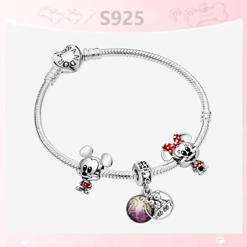 Bộ Vòng Tay Mạ Bạc 925 Họa Tiết Hoạt Hình Disney Mickey Minnie Dễ Thương