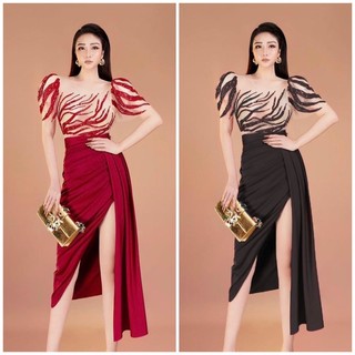 ĐẦM BODY XẾP LY XÉO KẾT NHÁNH CÂY PHA LÊ CAO CẤP TẶNG KÈM HOA TAI THỜI TRANG