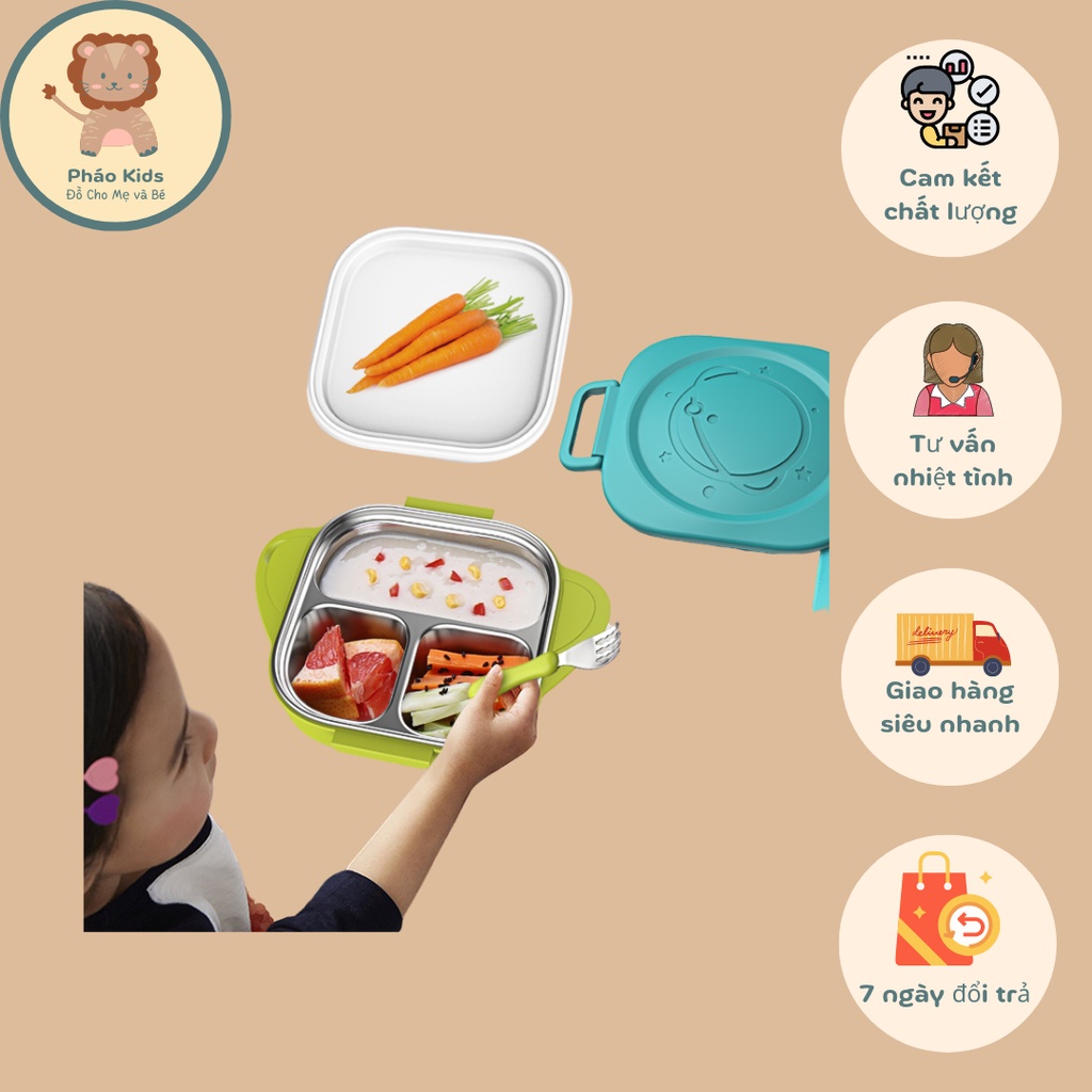 Hộp Cơm Giữ Nhiêt  3 Ngăn Inox 304 Cho Bé Chống Bỏng An Toàn Phong Cách Nhật Bản Dễ Thương Tiện Dụng