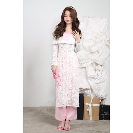 DII COLLECTION - Áo dài thiết kế trễ vai ren kèm nơ cao cấp