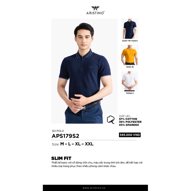 Áo polo Aristino APS179S2 dáng Slim fit, vải Cotton pha, mềm nhẹ, bóng mịn