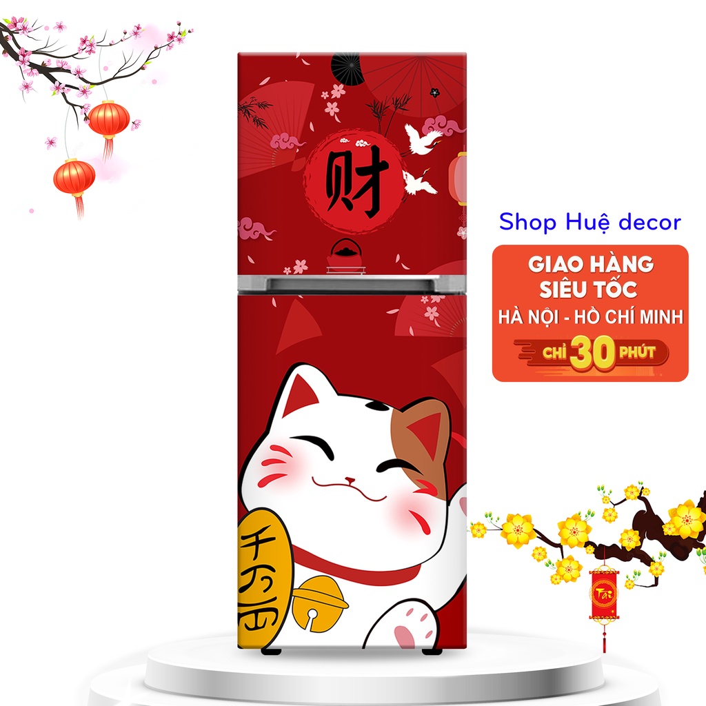 Tranh dán tủ lạnh mèo thần tài Hue decor chất liệu cao cấp siêu bền- chống nước- Bền mãi với thời gian
