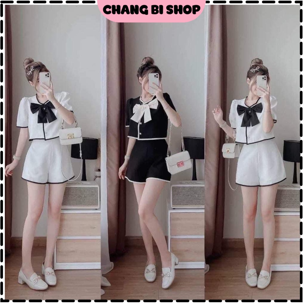 Set bộ đồ nữ áo croptop phối viền đính nơ ngực kèm quần short siêu sang chảnh dành cho các nàng Chang Bi Shop