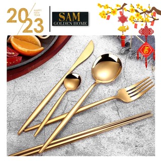 Bộ Muỗng Nĩa Đũa Inox Mạ Vàng Sang Trọng Cao Cấp, Thìa Mạ Vàng Đẹp Trang Trí Bàn Ăn Basic Golden Cutlery Inox 304