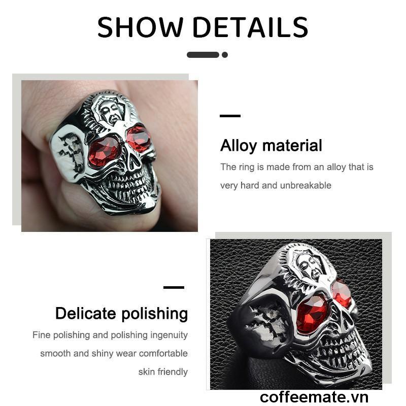 【coffeemate】⚡Nhẫn Hình Đầu Lâu đính đá zircon đỏ Thiết Kế Độc Đáo Cho Nam