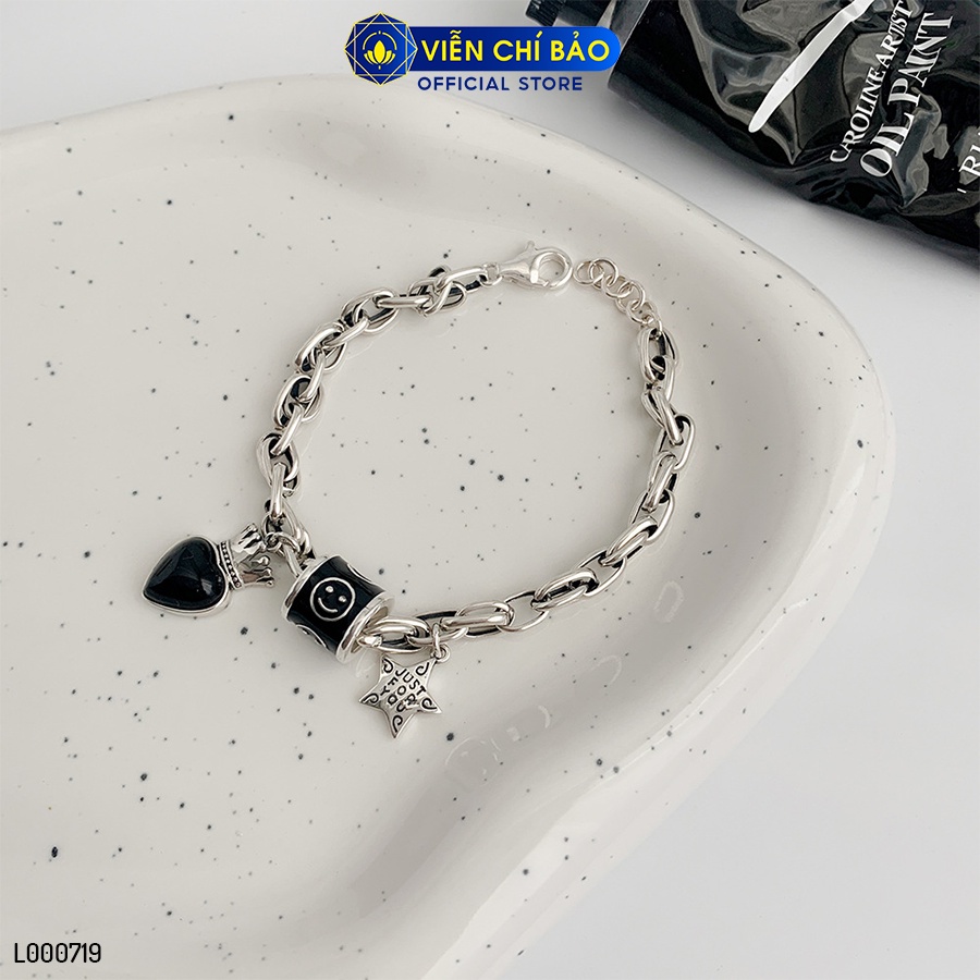Lắc tay bạc nữ trái tim đen charm sao mặt cười chất liệu bạc Thái 925 thời trang phụ kiện trang sức Viễn Chí Bảo L000719