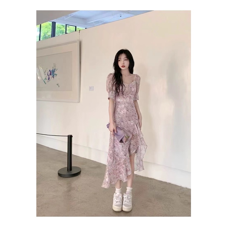 Đầm Hoa Cổ Vuông Dáng Dài Xẻ Tà Thời Trang Mùa Hè 2023 Phong Cách Pháp Cho Nữ