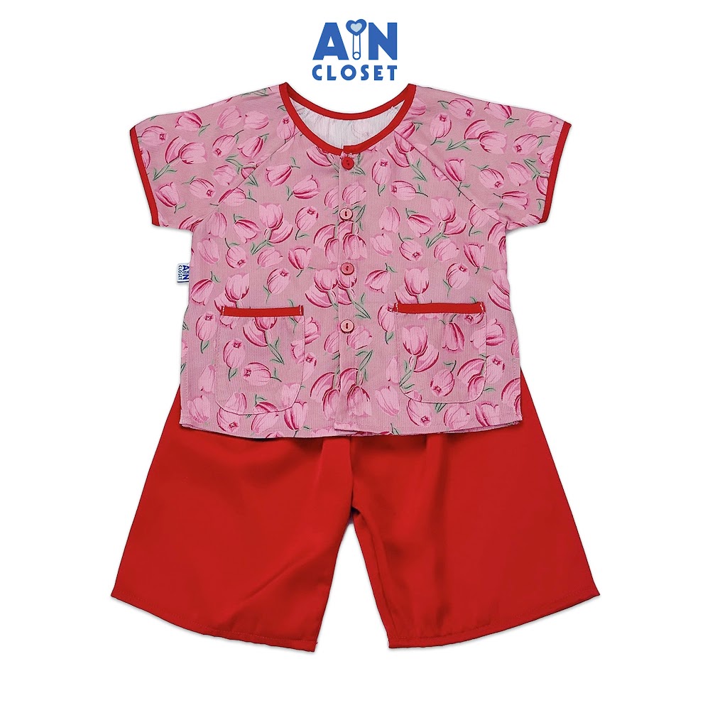 Bộ quần áo Bà ba lửng bé gái họa tiết hoa Tulip Đỏ Tía lụa tằm - AICDBGJBVTED - AIN Closet