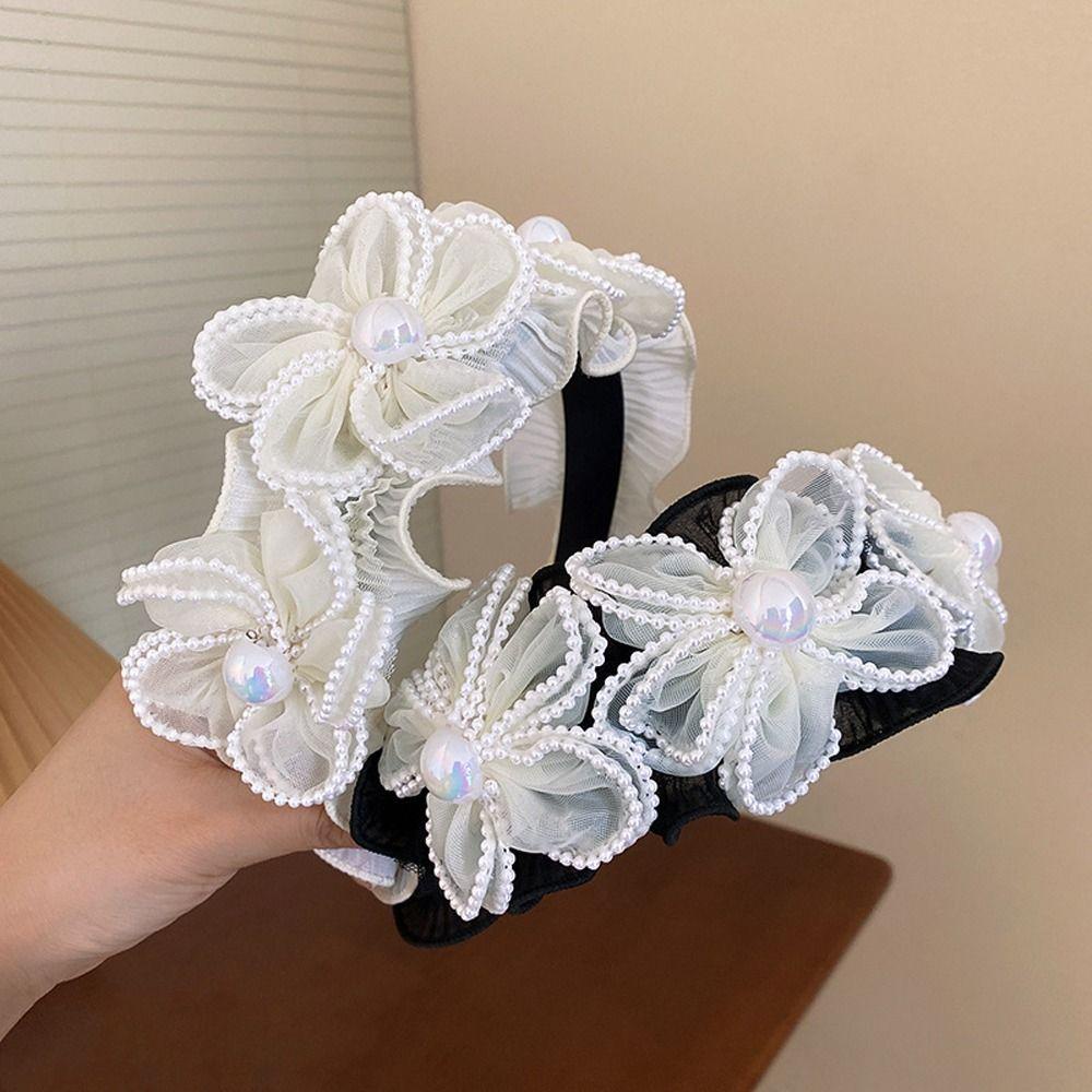 Băng Đô Cài Tóc Trang Điểm Bản Rộng Không Trượt Phối Lưới Họa Tiết Hoa