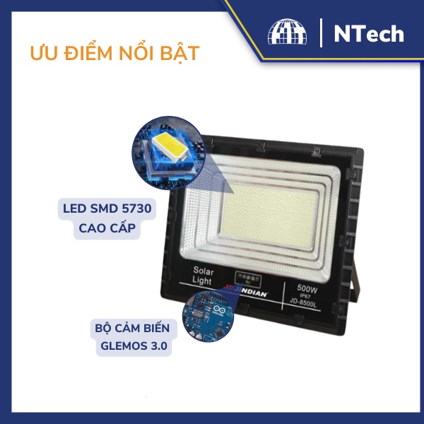 Đèn Năng Lượng Mặt Trời, Đèn Pha JinDian JD-8500L Công Suất 500W - Mẫu Mới 2022, Khung Nhôm, Chip Led "SMD"- BH 02 Năm