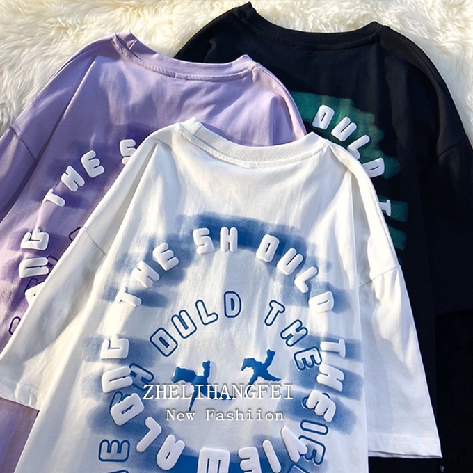 Áo thun ZHELIHANGFEI ngắn tay dáng rộng kiểu retro Mỹ thời trang